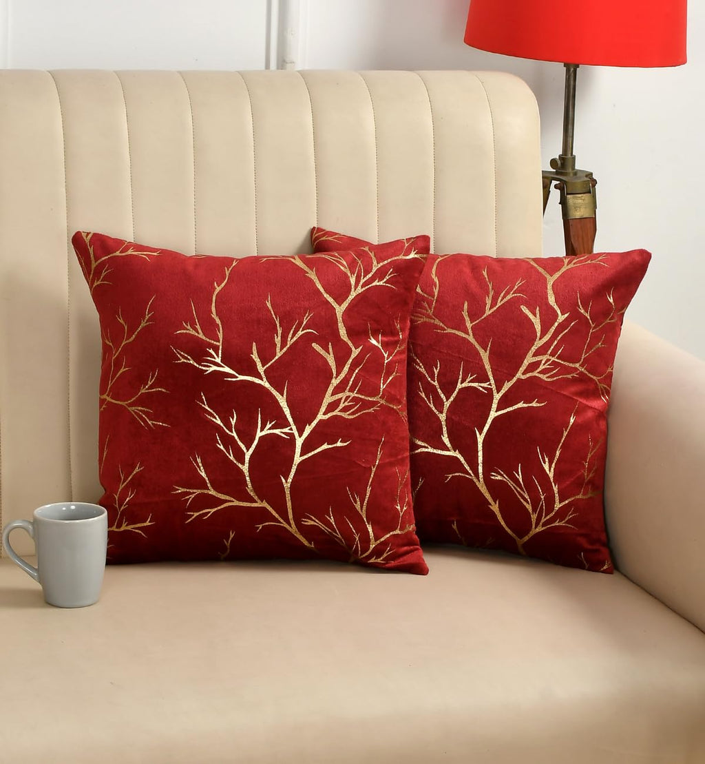Stuffique Velvet Foil Cushion Covers Decorative Merry Christmas 12 inch x 12 inch Set of 2, Maroon