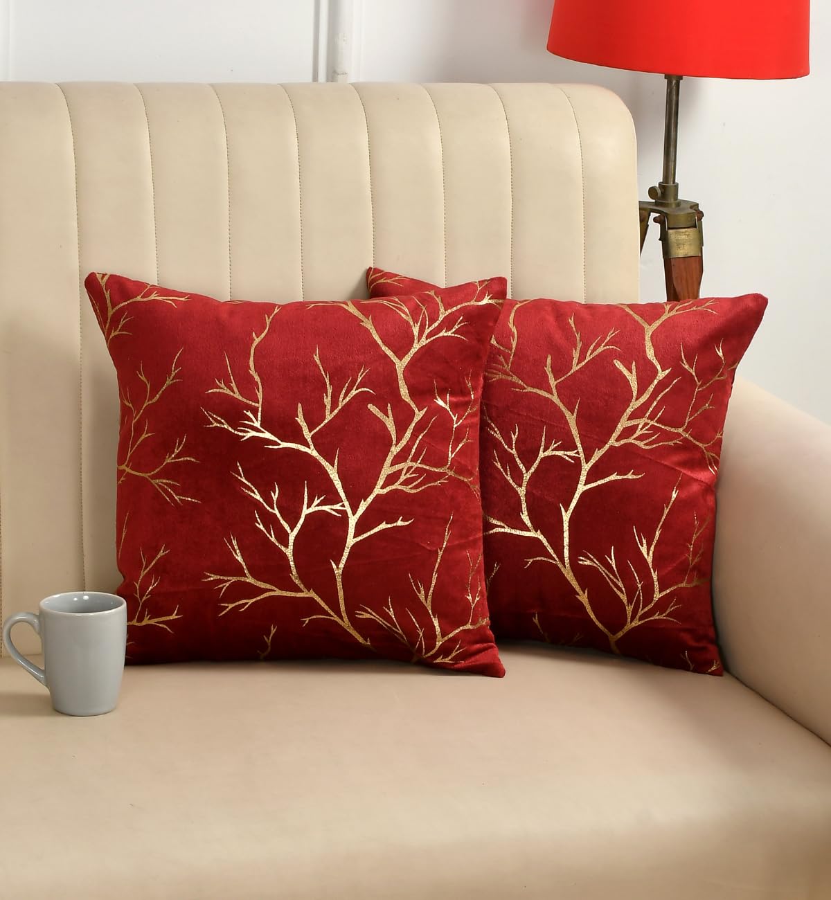 Stuffique Velvet Foil Cushion Covers Decorative Merry Christmas 12 inch x 12 inch Set of 2, Maroon