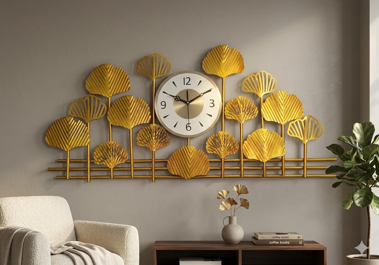Mahira Artefacts Metal Wall Clock, Gold, Art Deco Style, Silent Analog, Ginkgo Leaf Design, Large, for Living Room, Bedroom, Office