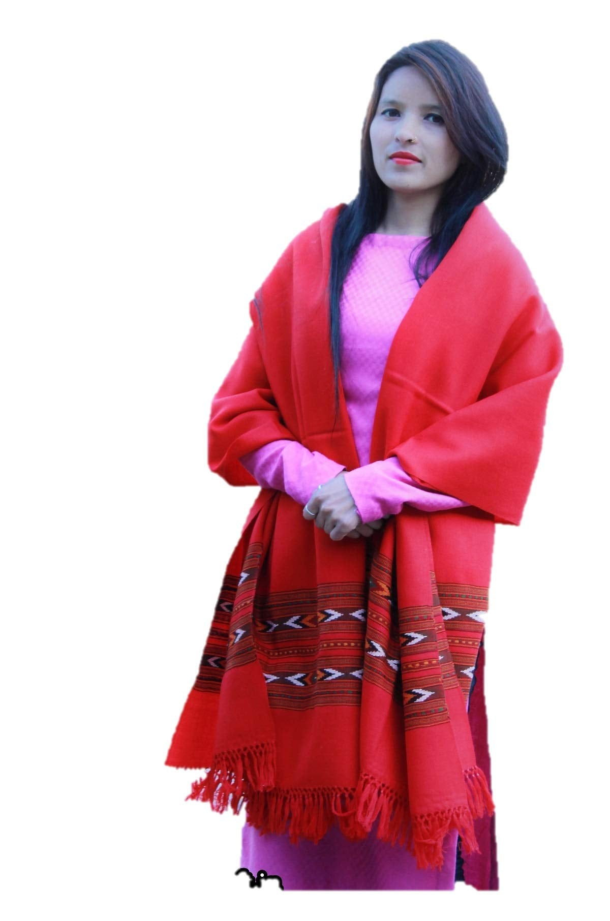 HImalayanKraft Hand Woven Kullu Handloom Woolen Shawl Red- Colored with Beautiful Kullu Weaving Designed for Women and Girls.