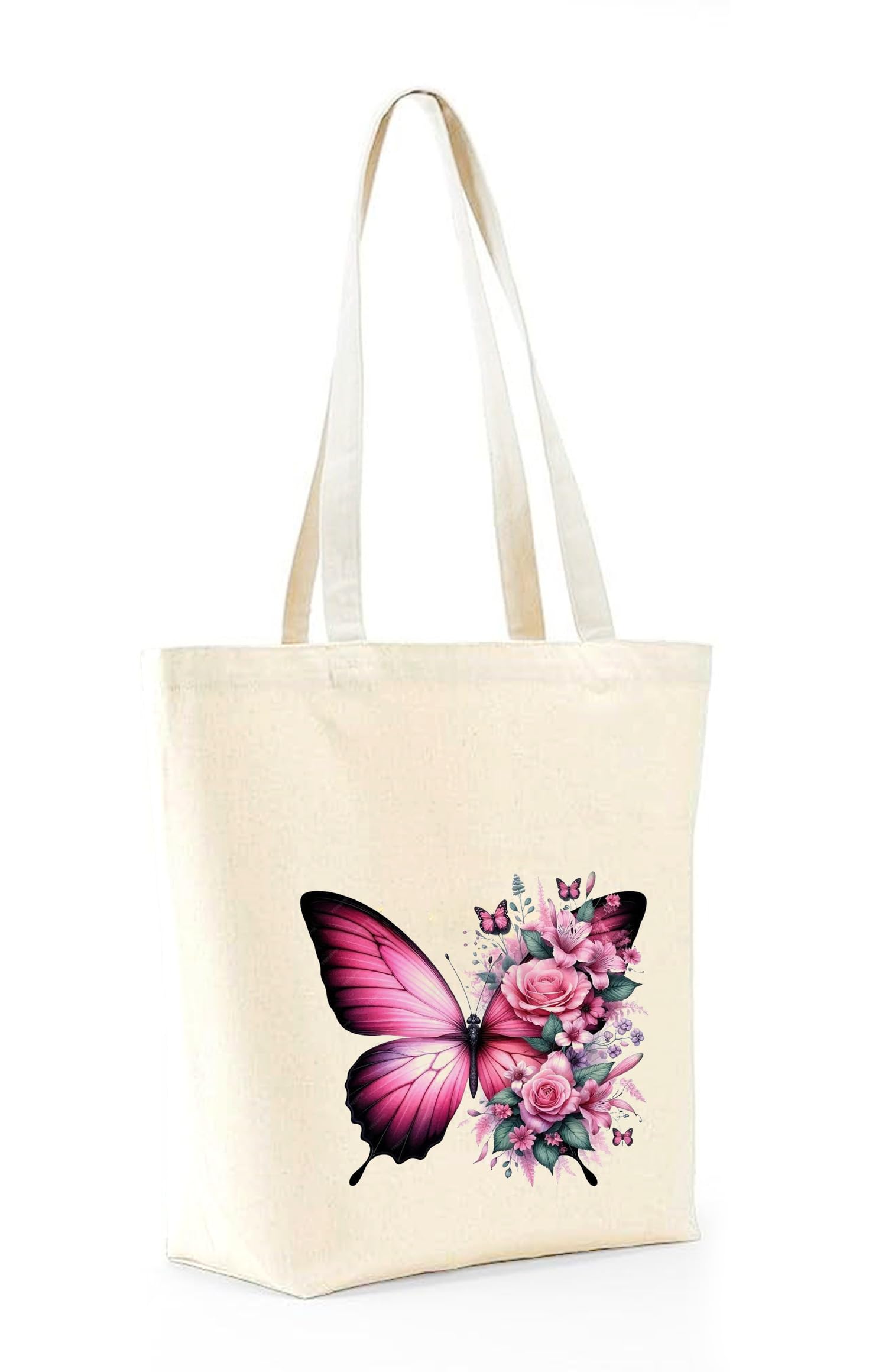 Heu Butterfly Floral Printed Canvas Tote Bag | Eco-Friendly Reusable Cotton Shoulder Bag | Elegant Pink Aesthetic Shopping Tote for Women