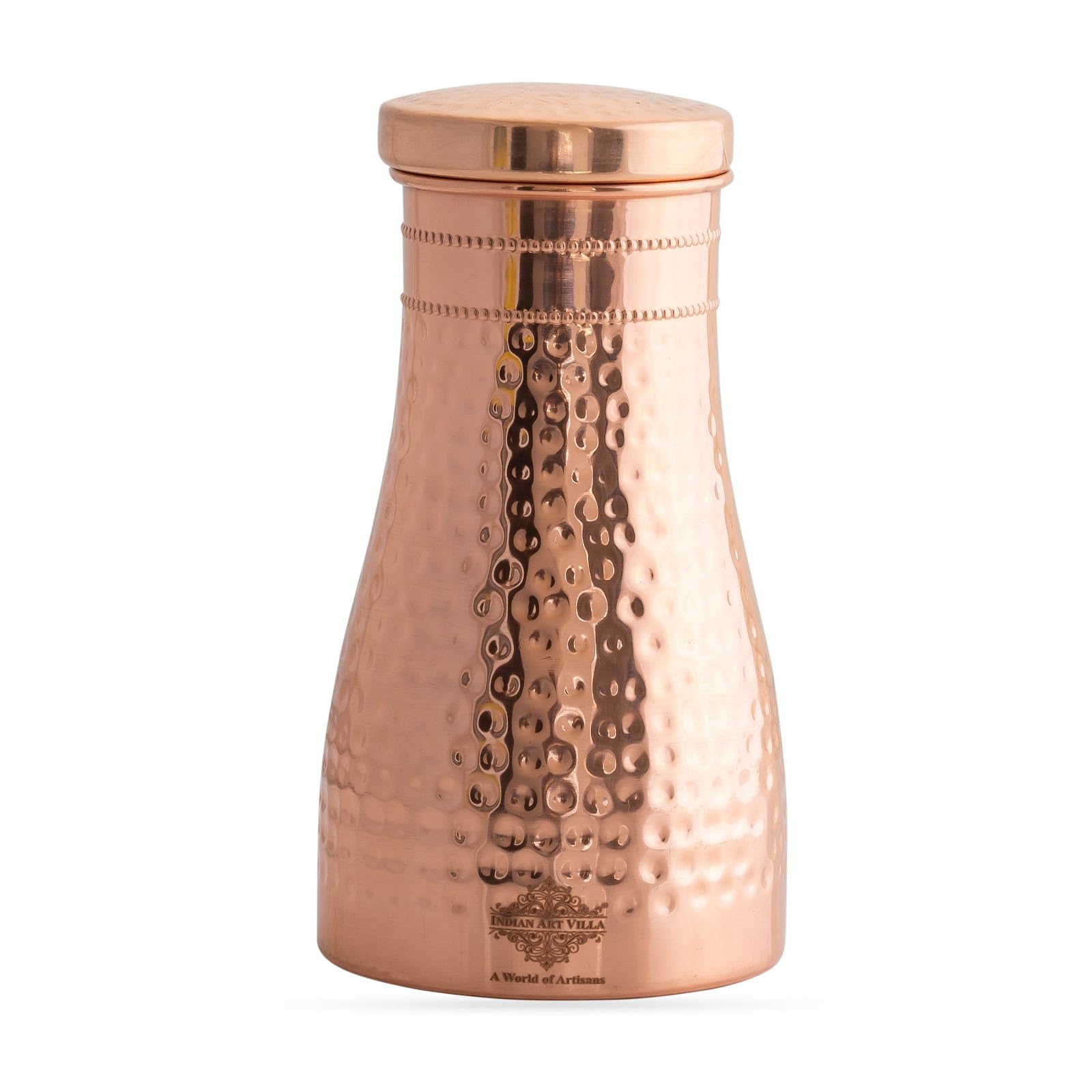 INDIAN ART VILLA Pure Copper Bedroom Water Bottle with Inbuilt Glass, Hammered Shine Design, Drinkware and Storage Purpose, 950 ml (Weight 335 Gram)