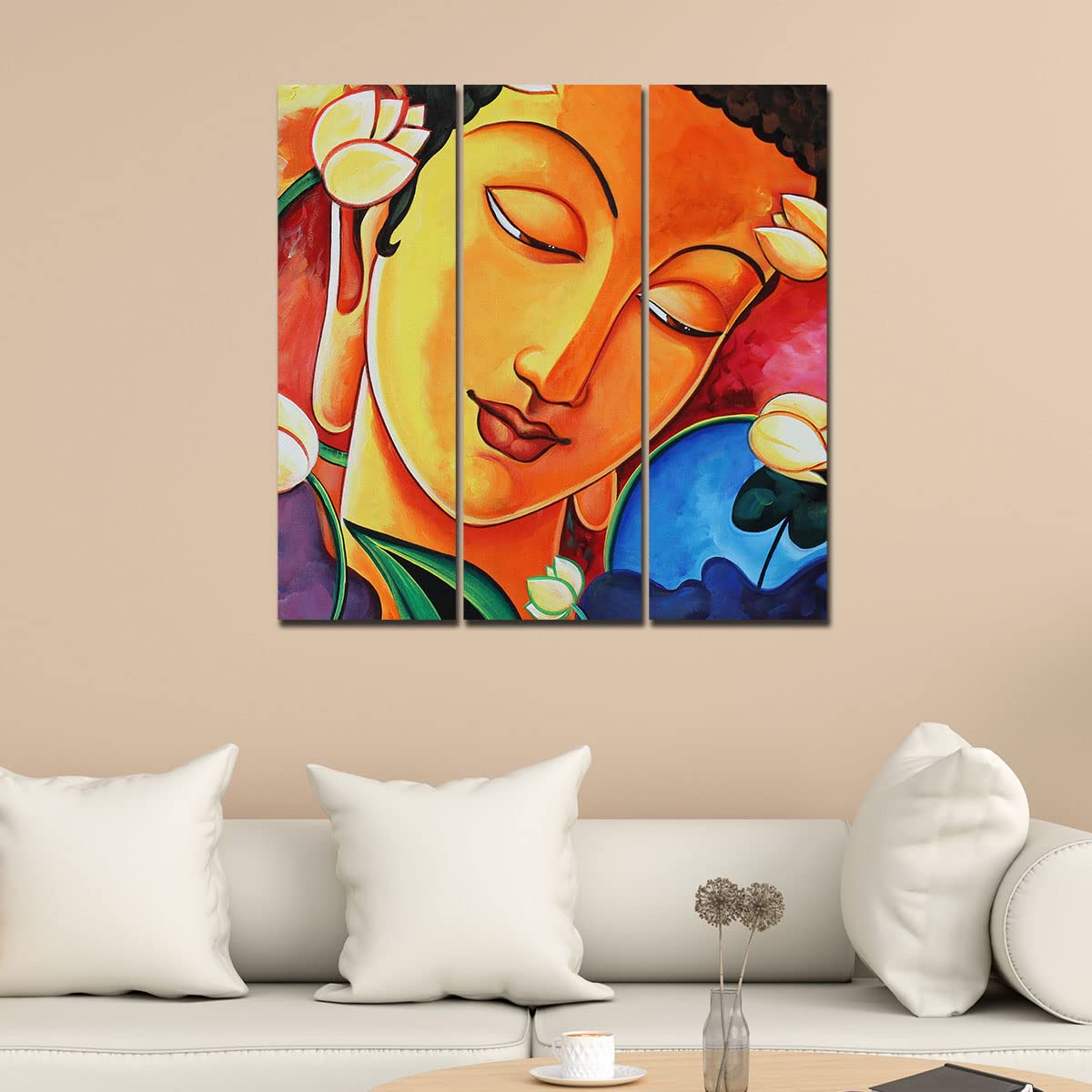 VIBECRAFTS 3 Pieces Portrait Of Buddha Canvas Wall Painting Fitted With Wooden Frame For Home | Office | Living Room | Gifts (PTVC3Pcs1_9596)