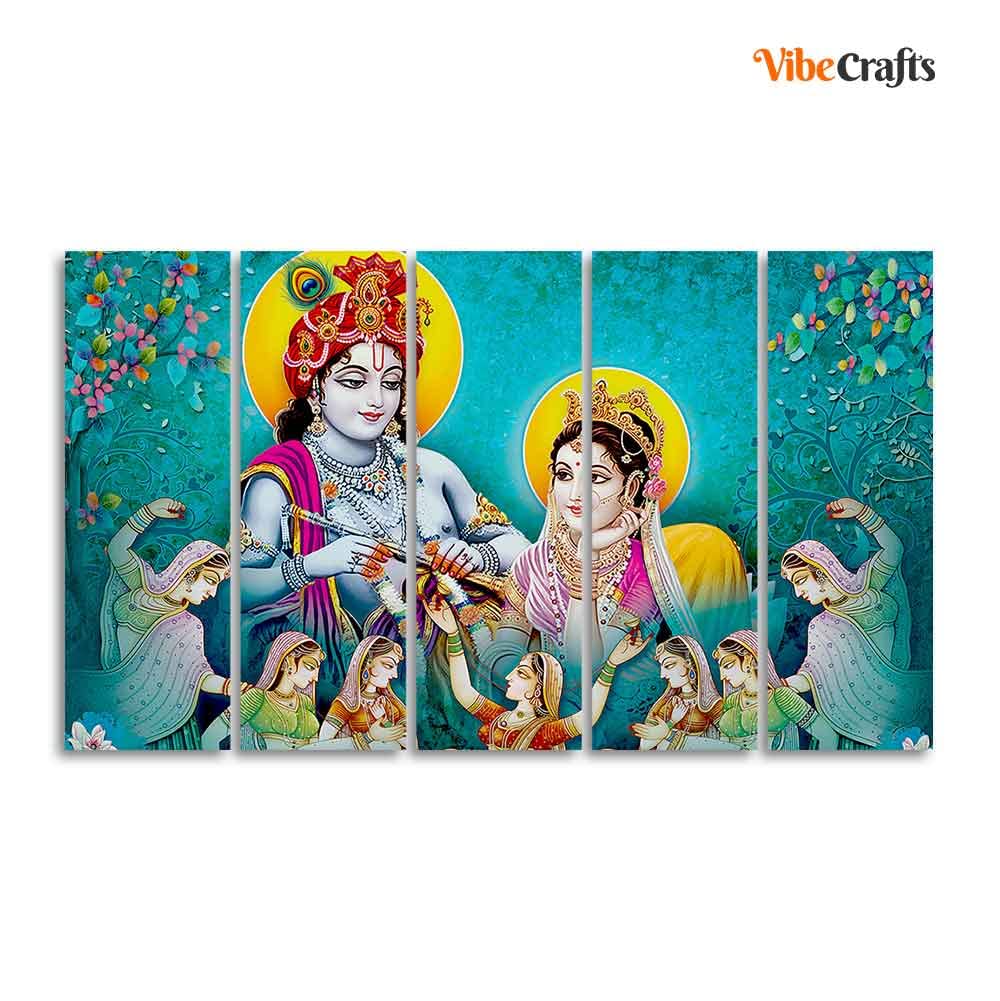 VIBECRAFTS Beautiful Shree Radha Krishna 5 Pieces Canvas Wall Painting For Home | Office | Living Room | Gift (PTVC5Pcs4_8534)