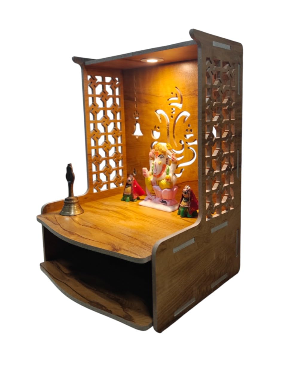 PIXELCRAFTS Wooden Temple Puja Mandir Art and Crafts Temple for Home, Shop, Office with LED SPOT Light (Size – H 15.5X L 11.5 x W 11 inch) (COACHWOODGANPATI)