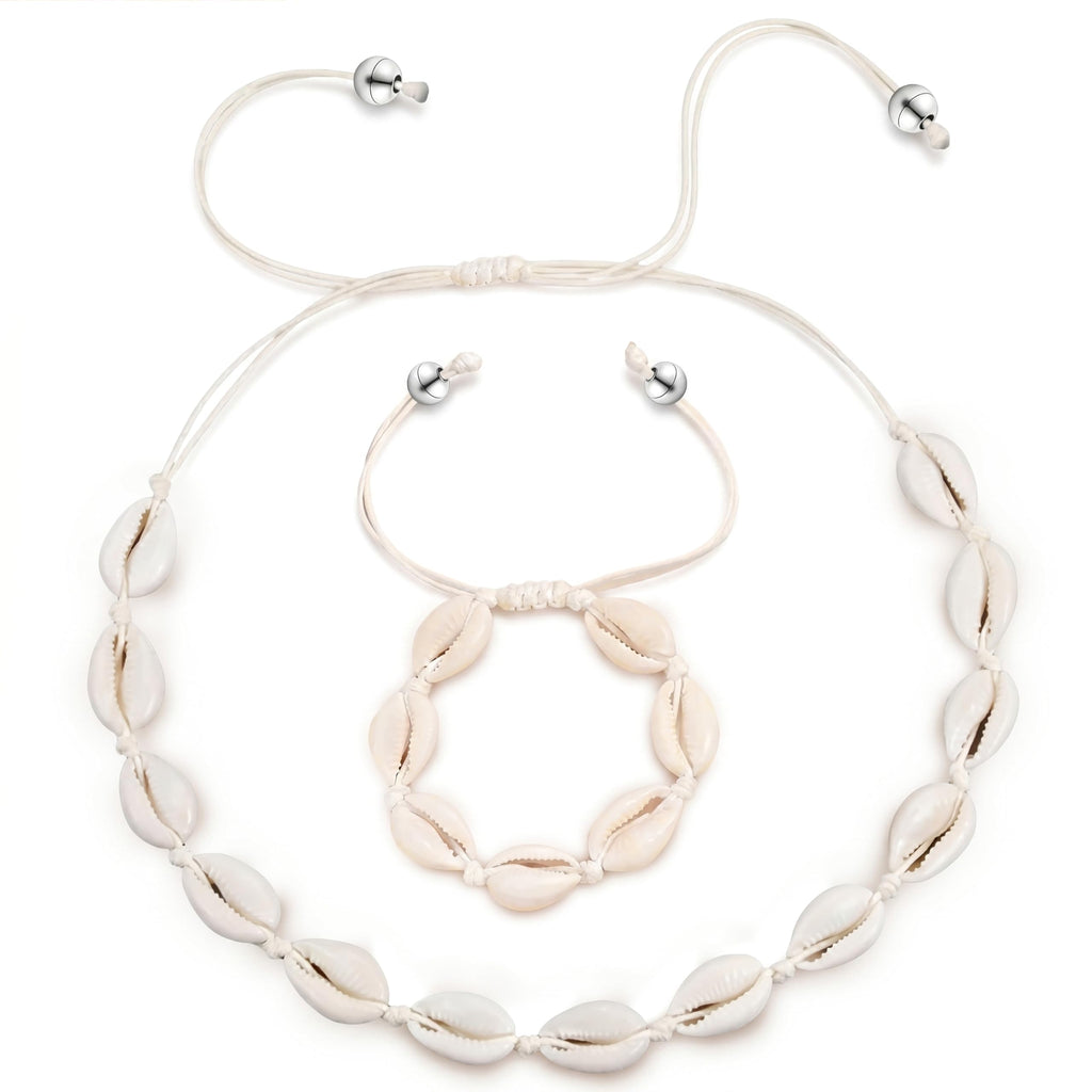 BOHENOOR Cowrie Choker Necklace & Bracelet Set | Handmade Adjustable Beach Jewellery for Women & Girls | Boho Style White Shell Summer Accessories (White)