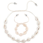 BOHENOOR Cowrie Choker Necklace & Bracelet Set | Handmade Adjustable Beach Jewellery for Women & Girls | Boho Style White Shell Summer Accessories (White)