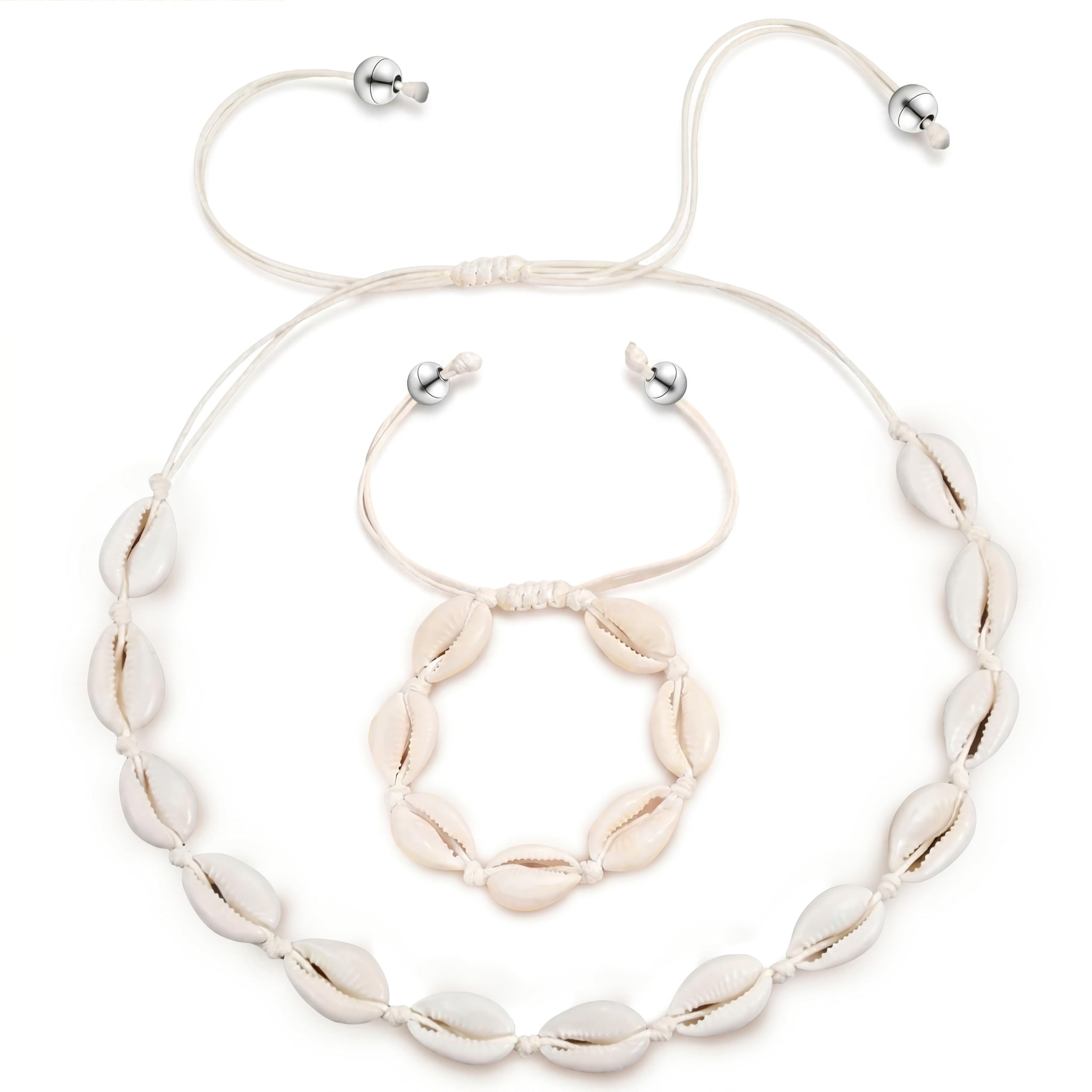 BOHENOOR Cowrie Choker Necklace & Bracelet Set | Handmade Adjustable Beach Jewellery for Women & Girls | Boho Style White Shell Summer Accessories (White)