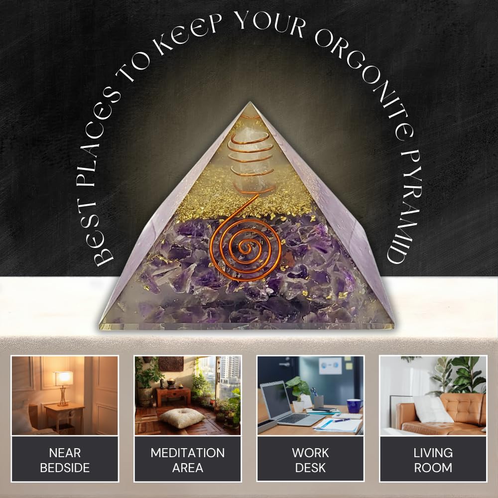 CALMINDS Amethyst Orgonite Pyramid for Stress Relief & Healing | Crystal Pyramid for Positive Energy, Chakra Balancing & Meditation | Vastu, Feng Shui, Home Office Decor