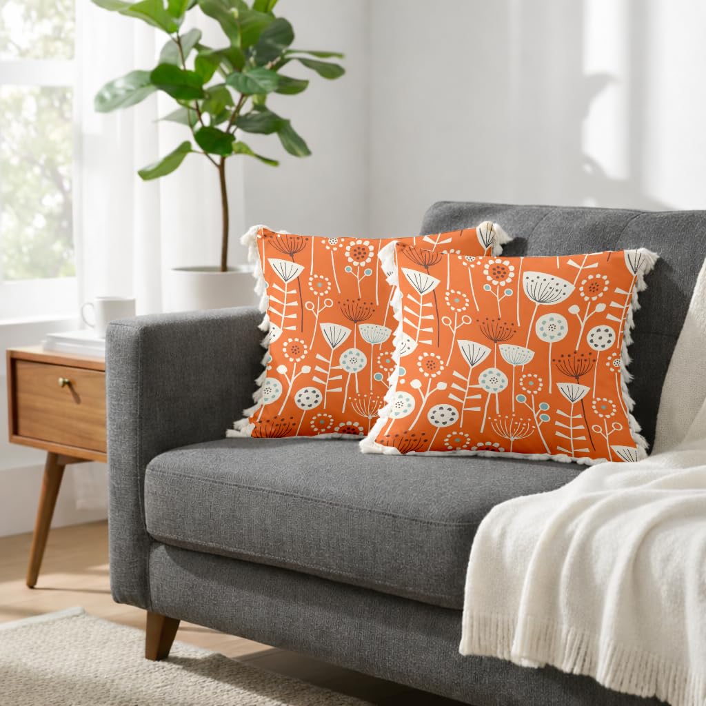 STITCHNEST 'Little Meadow Series' Tassled Cushion Cover | Set of 2 | Floral Cushion Cover 24 inch x 24 inch