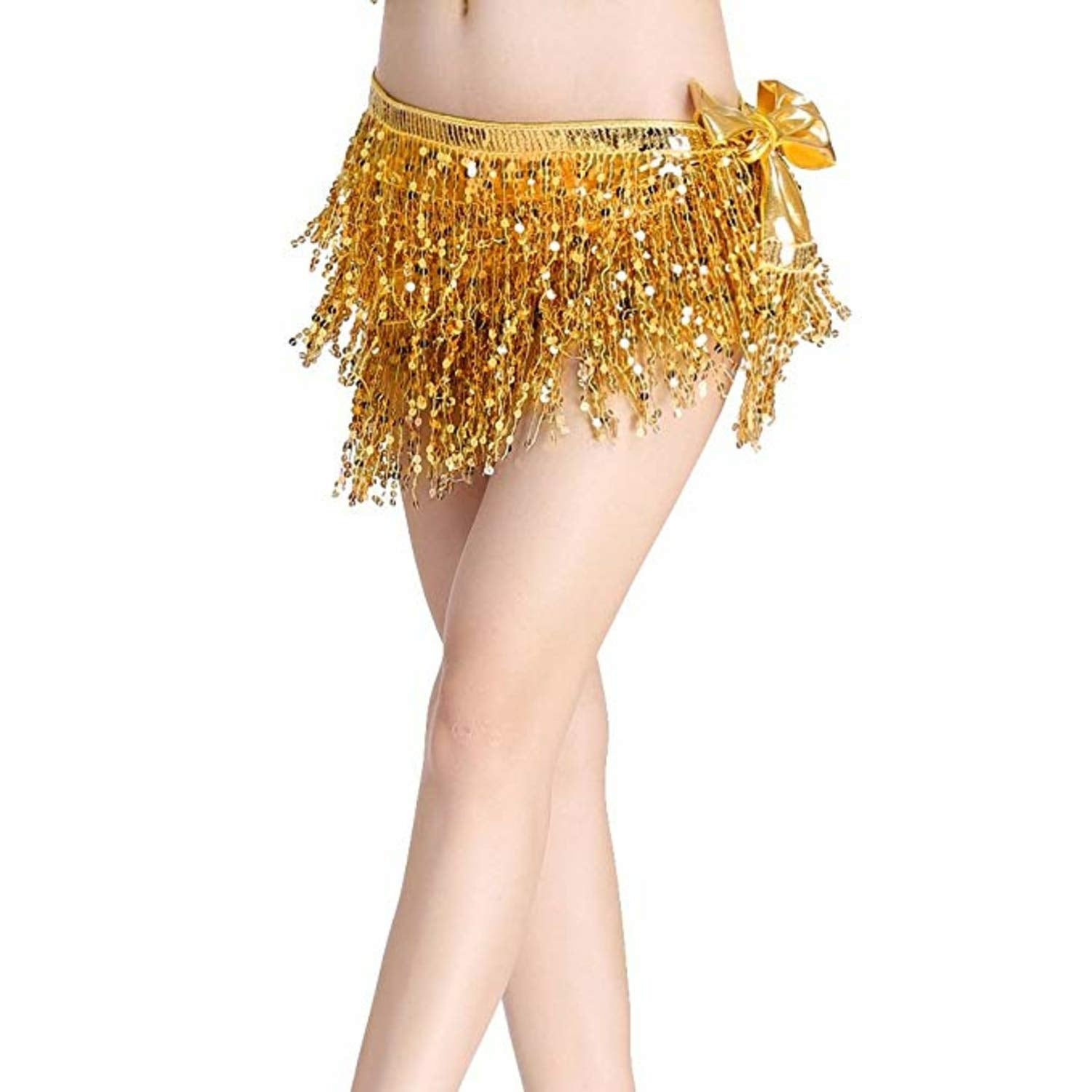VRITRAZ Women's Chiffon Belly Dance Hip Scarf Waistband Belt Colors Beads and Golded Coins (Gold, Pack of 3)