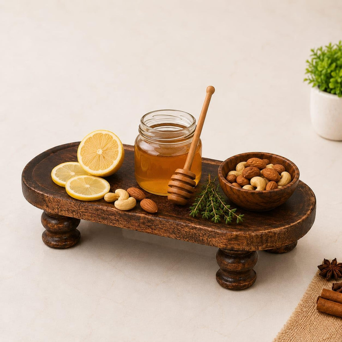Wooden Footed Serving Tray with Raised Legs, Dark Brown