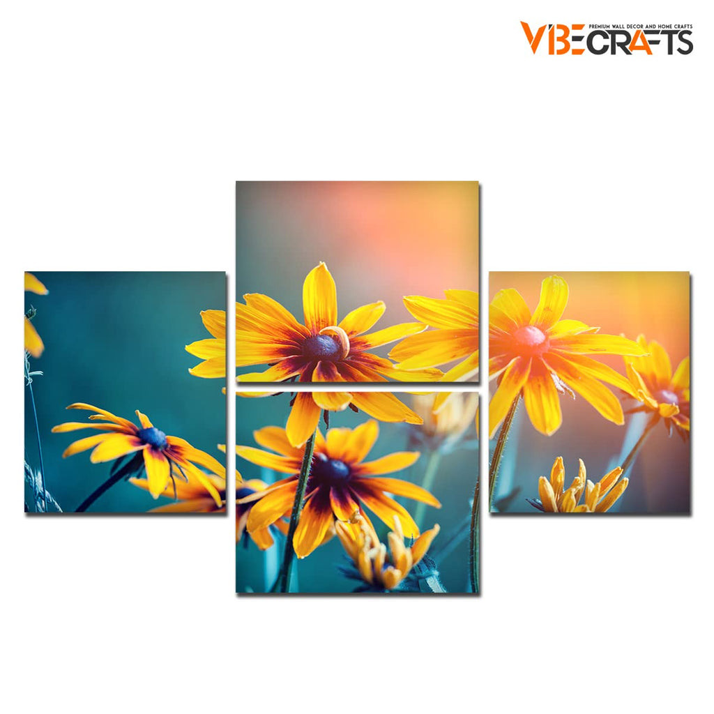 VIBECRAFTS Beautiful Flowers In A Garden 4 Pieces Canvas Wall Painting Fitted With Wooden Frame For Home | Office | Living Room | Gifts (PTVC4Pcs4_16504)