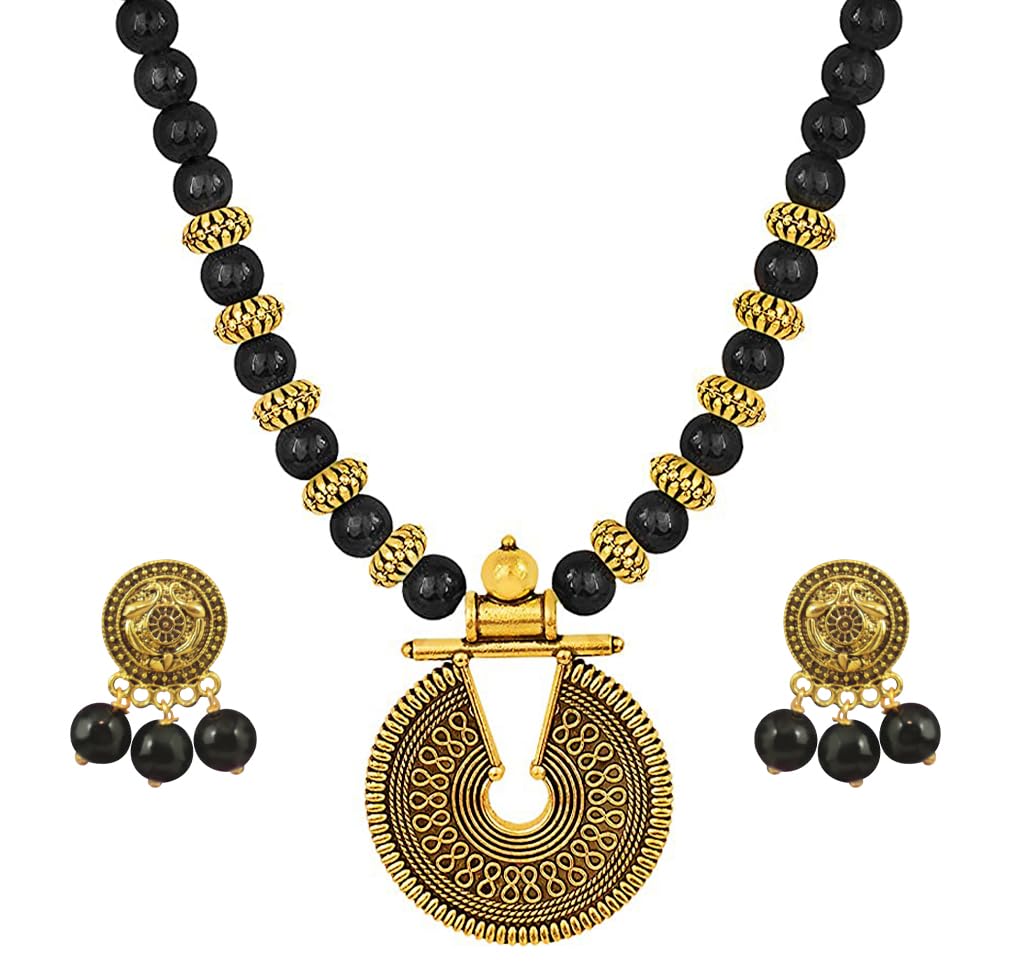 JFL - Jewellery for Less Gold Black Beaded Necklace Set for Women & Girls with Keyhole Pendant & Adjustable Length | Traditional Ethnic Jewellery | Ideal Gift for Valentine & Festive Occasion