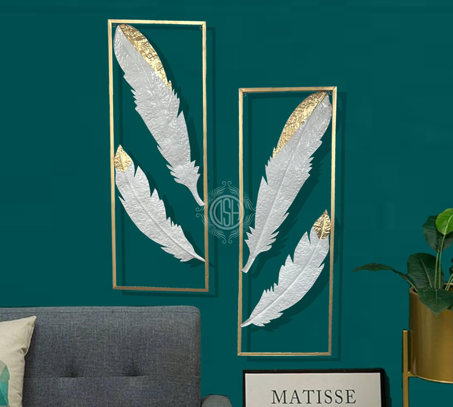 DSH CRAFTING YOUR CURIOSITY Wall Decor Metal Wall Art Gold White Feather Wall Hanging Sculpture (Set of-2) For Living Room, Bedroom, Farm House, Hall, Dining Hall.