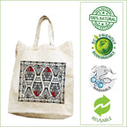 Arka Home Products Unisex-Adult Shopping Bag - Madhubani Fish Print - 100% Cotton, Reusable, Printed Canvas Bag, Off-White