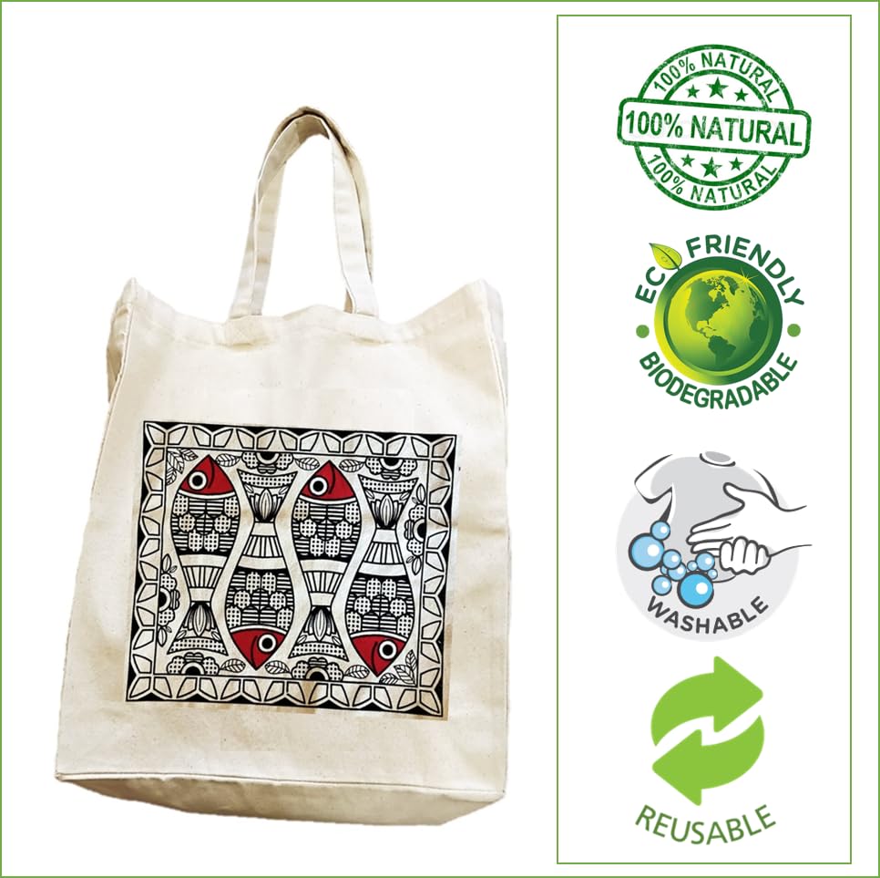 Arka Home Products Unisex-Adult Shopping Bag - Madhubani Fish Print - 100% Cotton, Reusable, Printed Canvas Bag, Off-White