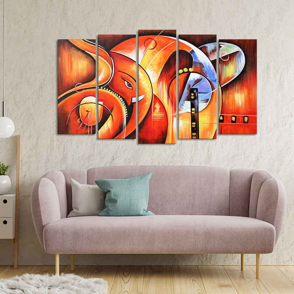 VIBECRAFTS Hindu Ganesha Wall Painting Set of Five Pieces For Home|Office|Living Room|Gift (PTVC5Pcs2_6584)