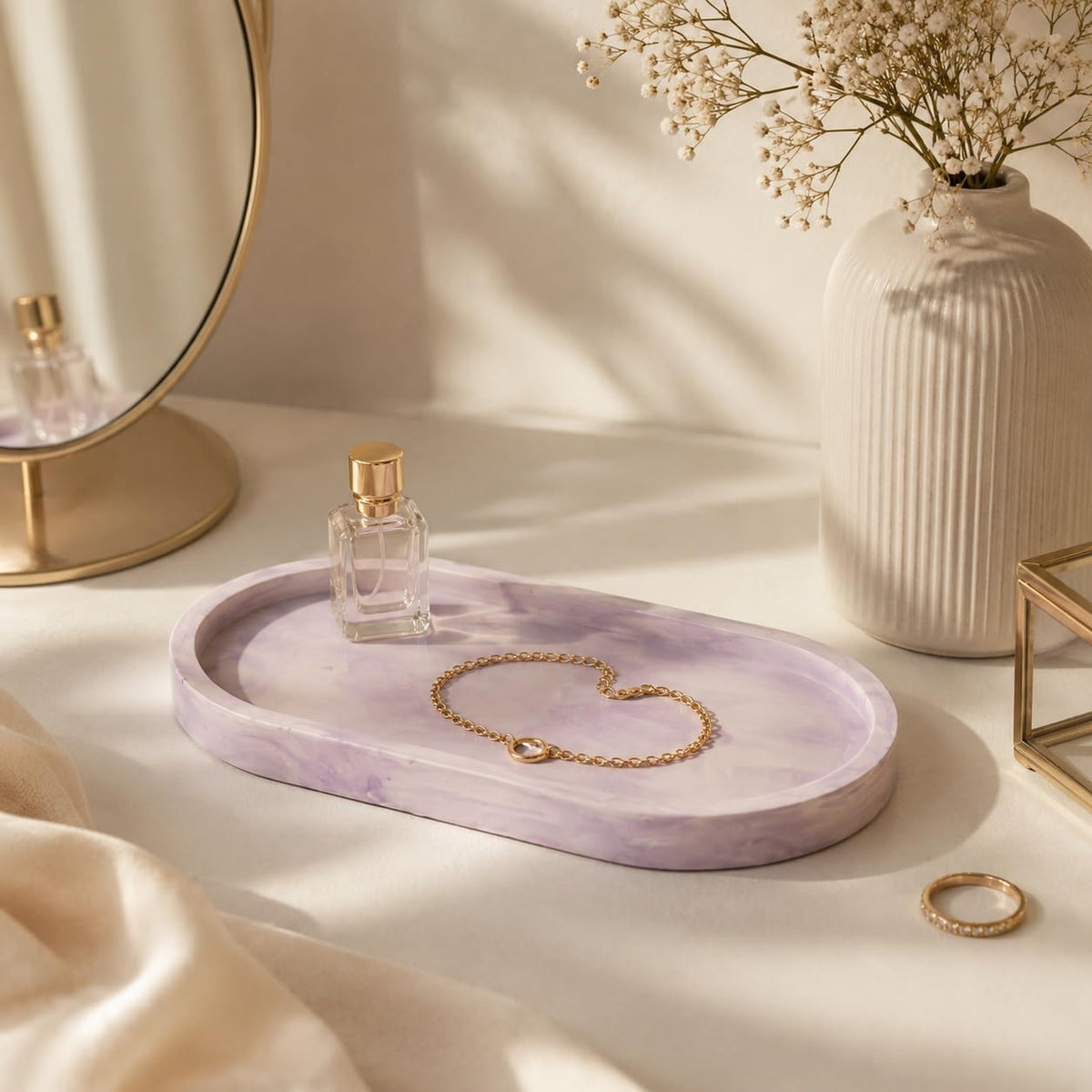 Jesmonite Oval Vanity Tray for Bathroom & Kitchen Sink | Decorative Floral Coaster Tray for Soap Dispenser, Candles, Jewelry & Accessories | Minimal Home Decor Organizer (Lilac Dream)