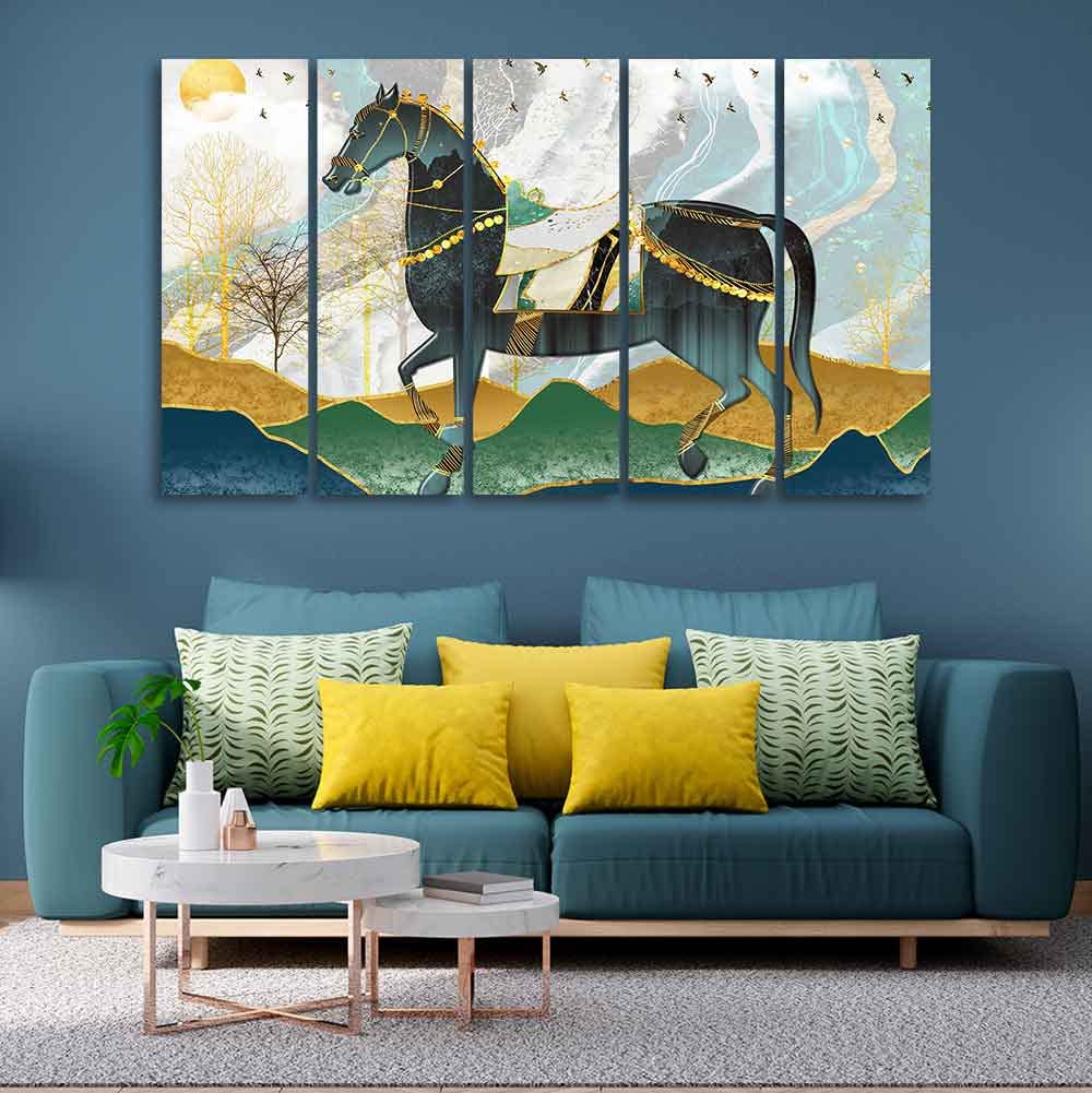VIBECRAFTS Premium Wall Painting of Horse and Golden trees with Colored Mountains of Five Pieces For Home|Office|Living Room|Gift (PTVC5Pcs4_8727)