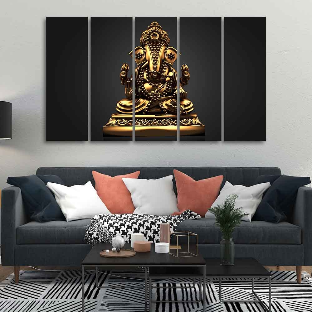 VIBECRAFTS Golden Statue of Ganesha Wall Painting of Five Pieces For Home|Office|Living Room|Gift (PTVC5Pcs4_8714)