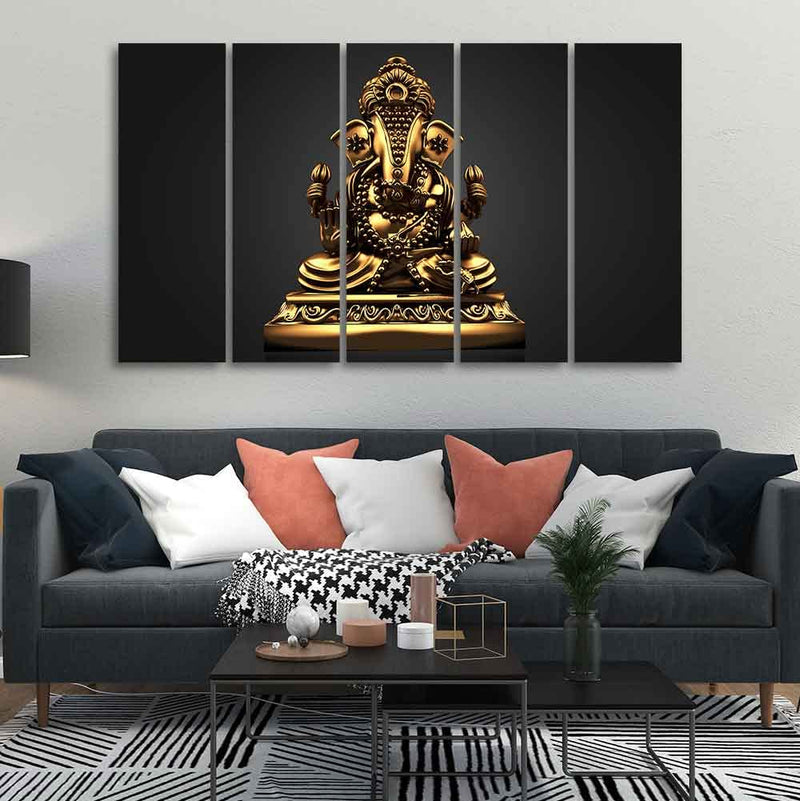 VIBECRAFTS Golden Statue of Ganesha Wall Painting of Five Pieces For Home|Office|Living Room|Gift (PTVC5Pcs4_8714)