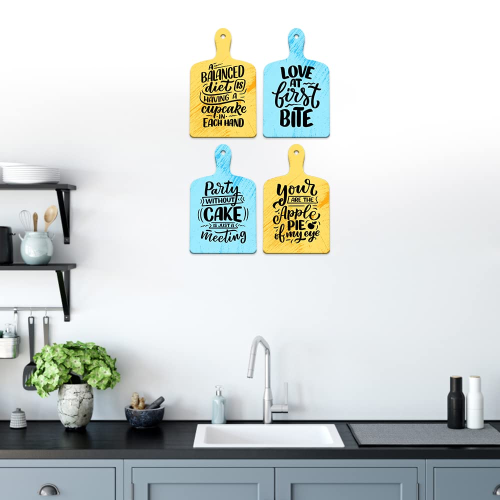 Artvibes Love At First Bite Printed Wooden Wall Hanging for Kitchen | Cafe | Restaurant | Dining Room | Quotes Decor Item | Wall Poster | Food Quotes Decoration | Gift Items(WH_5608N), Set of 4