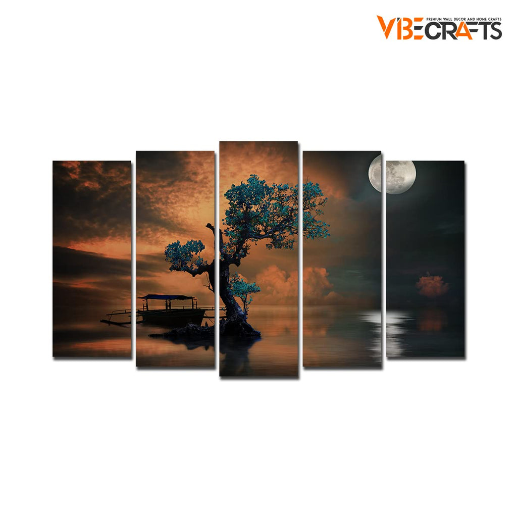 VIBECRAFTS Amazing Tree Under The Moon 5 Pieces Canvas Wall Painting For Home|Office|Living Room|Gift (PTVC5Pcs2_6512)