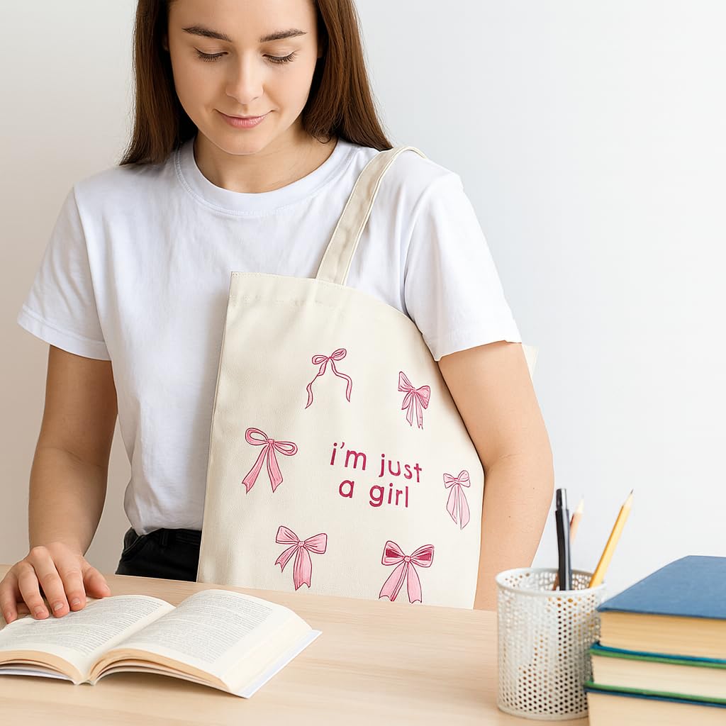 FUNKYFINDS “I’m Just a Girl” Cute Pink Bow Embroidery Tote Bag for Women – Aesthetic Canvas Shoulder Bag for Daily Use, Shopping, College & Travel, Office & Casual Outings