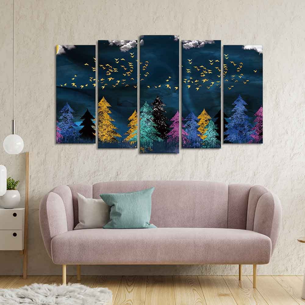 VIBECRAFTS Golden Birds Flying over The Dark Forest Wall Painting of Five Pieces For Home|Office|Living Room|Gift (PTVC5Pcs2_6593)