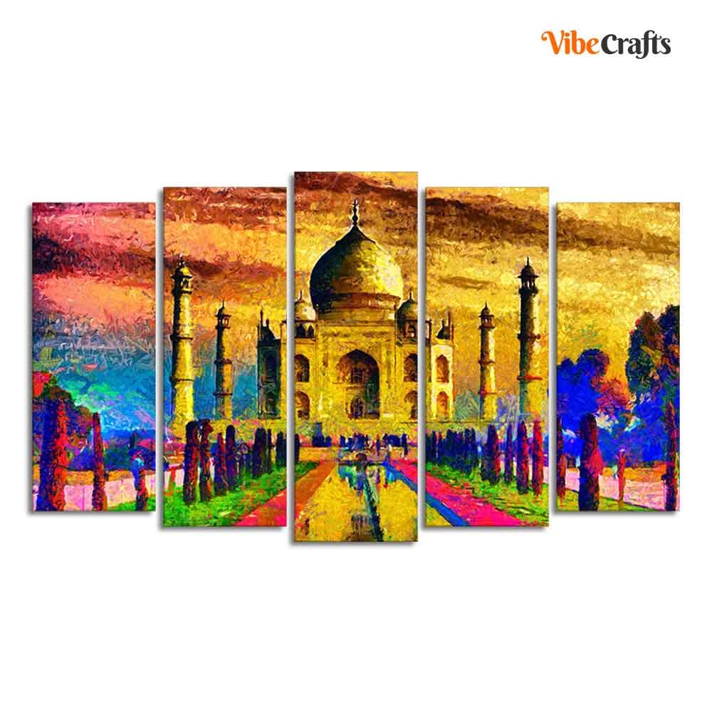 VIBECRAFTS Beautiful Taj Mahal Canvas Wall Painting Set of Five Pieces For Home|Office|Living Room|Gift (PTVC5Pcs2_6522)