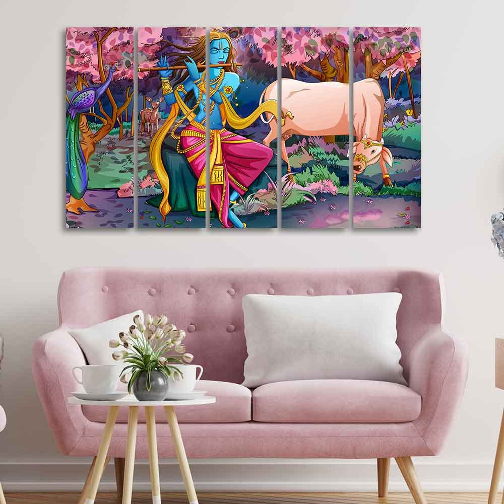 VIBECRAFTS Krishna Playing Flute 5 Pieces Canvas Wall Painting For Home | Office | Living Room | Gift (PTVC5Pcs4_8555)