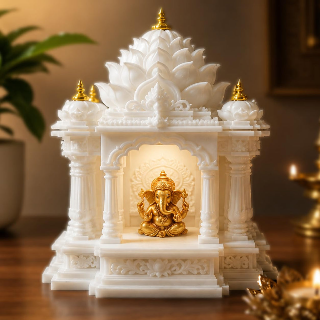 Premium Lotus Mandir for Home Decor | LED Temple | Customizable (Hanuman, Marble White, Large)
