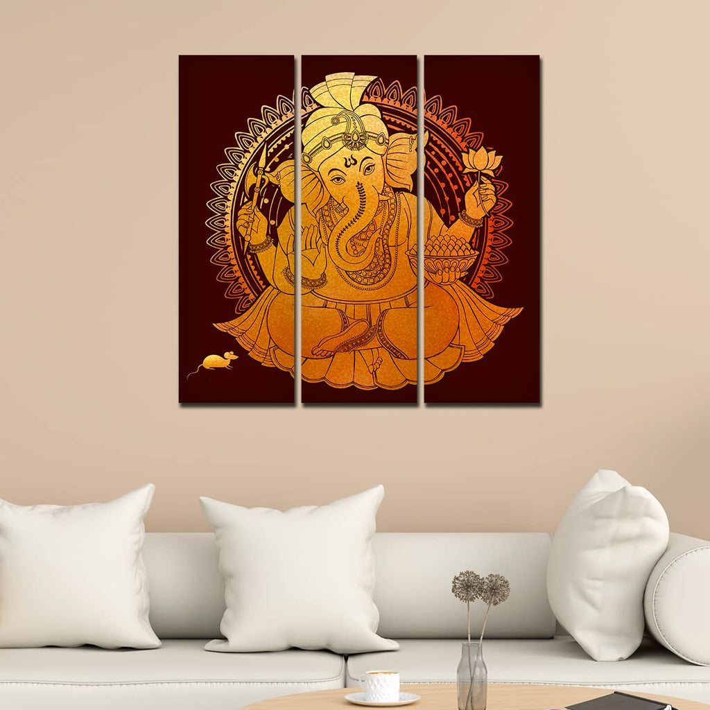 VIBECRAFTS Beautiful Shree Ganesh 3 Pieces Canvas Wall Painting Fitted With Wooden Frame For Home | Office | Living Room | Gifts (PTVC3Pcs1_9558)