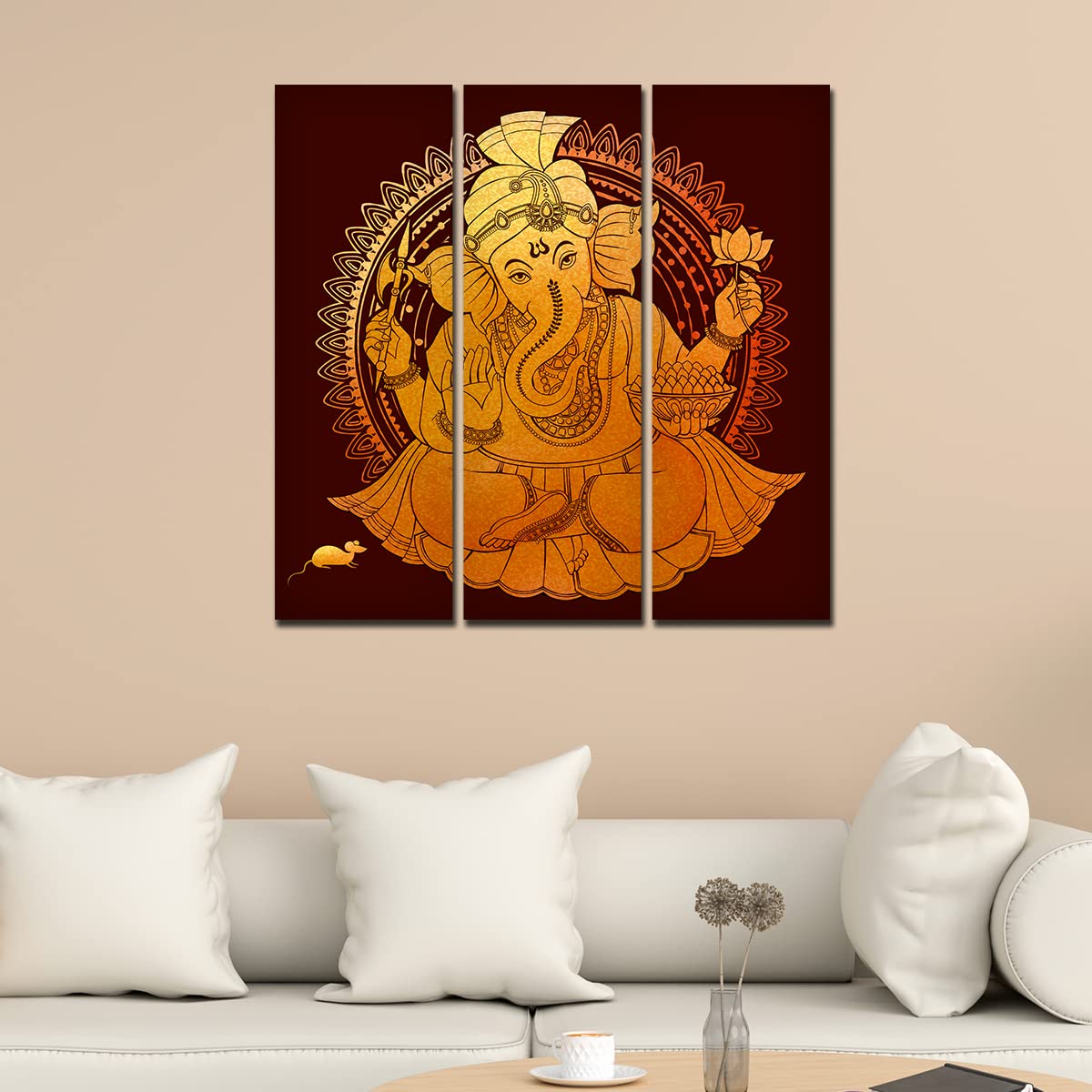 VIBECRAFTS Beautiful Shree Ganesh 3 Pieces Canvas Wall Painting Fitted With Wooden Frame For Home | Office | Living Room | Gifts (PTVC3Pcs1_9558)