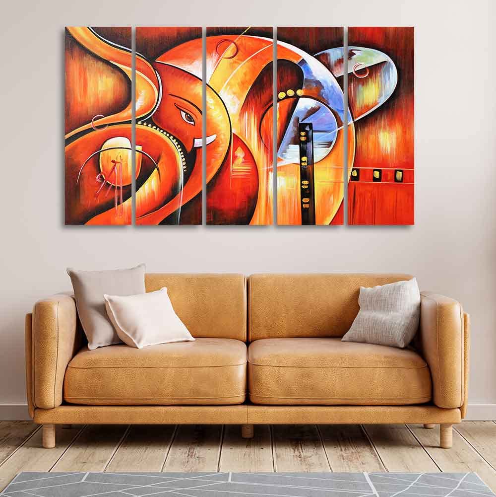 VIBECRAFTS Beautiful Hindu Ganesha 5 Pieces Canvas Wall Painting For Home | Office | Living Room | Gift (PTVC5Pcs4_8532)
