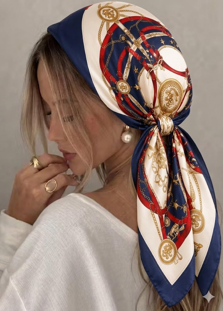 Etietnic Satin Square Head Scarf for Women,RED BELT Printed