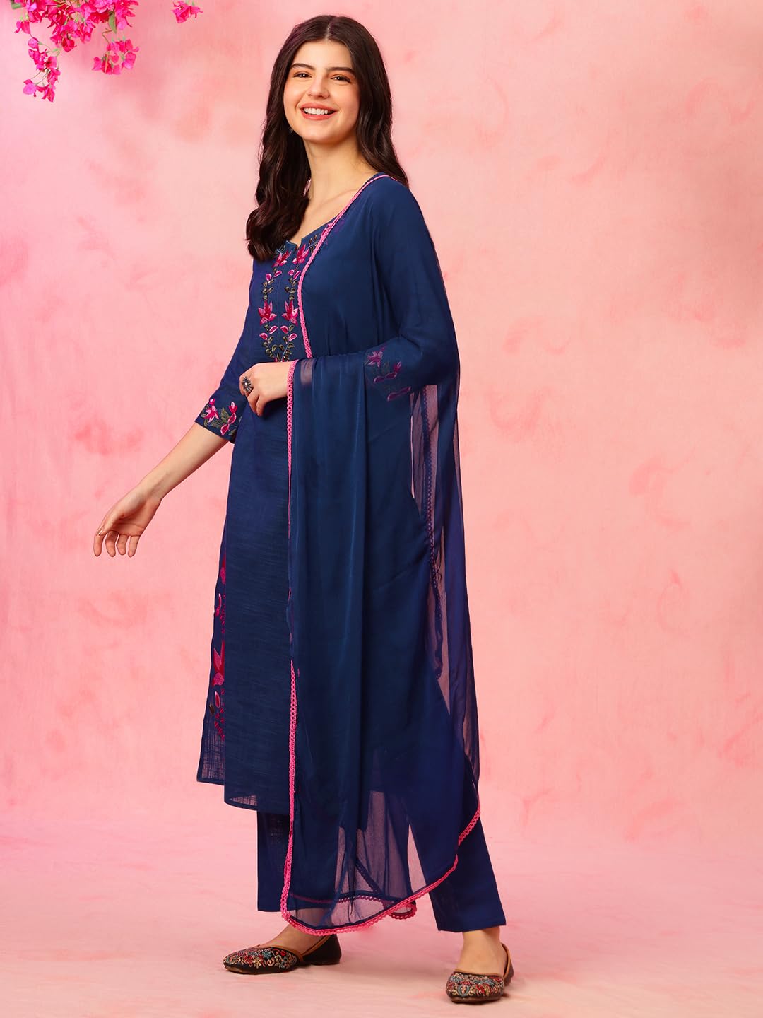 ETHNIFLAIR Women Blue Floral Embroidered Regular Aari Work Pure Cotton Kurta with Pant & Dupatta Set