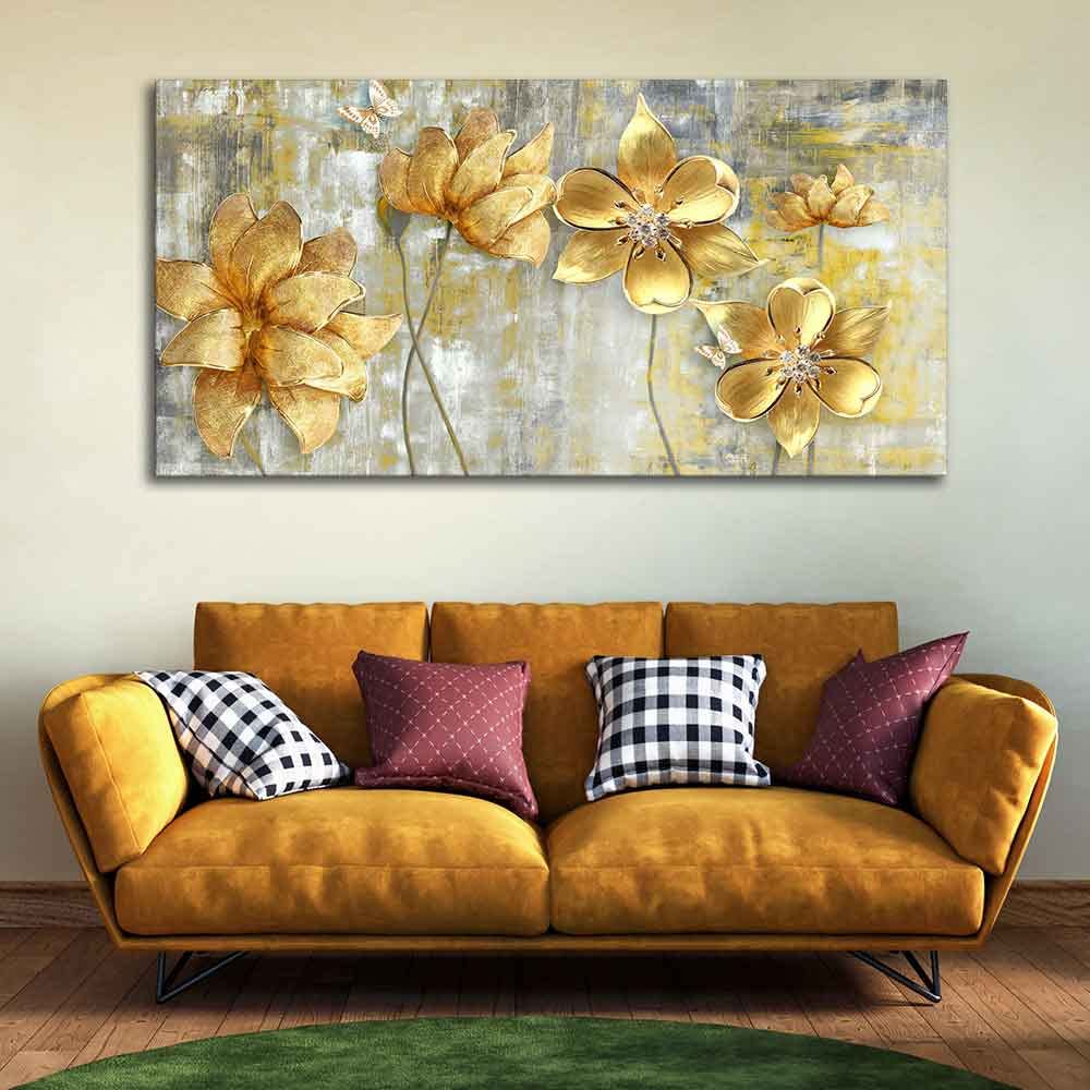 VIBECRAFTS Canvas Paintings for Living Room Drawing Room Golden Flowers Canvas Wall Painting Fitted With Wooden Frame For Home | Office | Living Room | Gifts (PTVCH_2511)