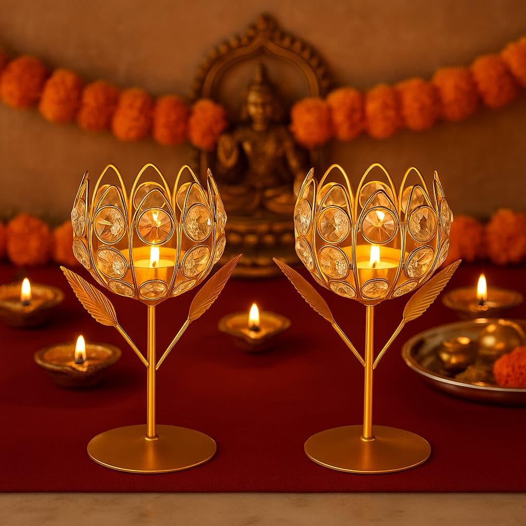 CentraLit Gold Crystal Tea Light Holder Set of 2 Tea Light Stand Shape Rose Votive Lotus Candle Holder for Home Decoration Diwali Diya Puja Gifts (Set of 2)