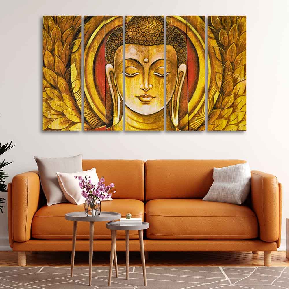VIBECRAFTS Gautam Buddha Meditation Wall Painting of Five Pieces For Home|Office|Living Room|Gift (PTVC5Pcs4_8686)