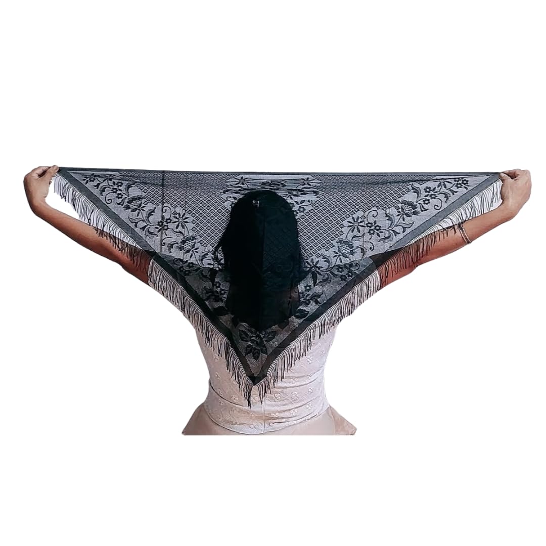 Devino Ora Elegant Black Lace Triangle Scarf/Shawl, (Black Diamonds) -1