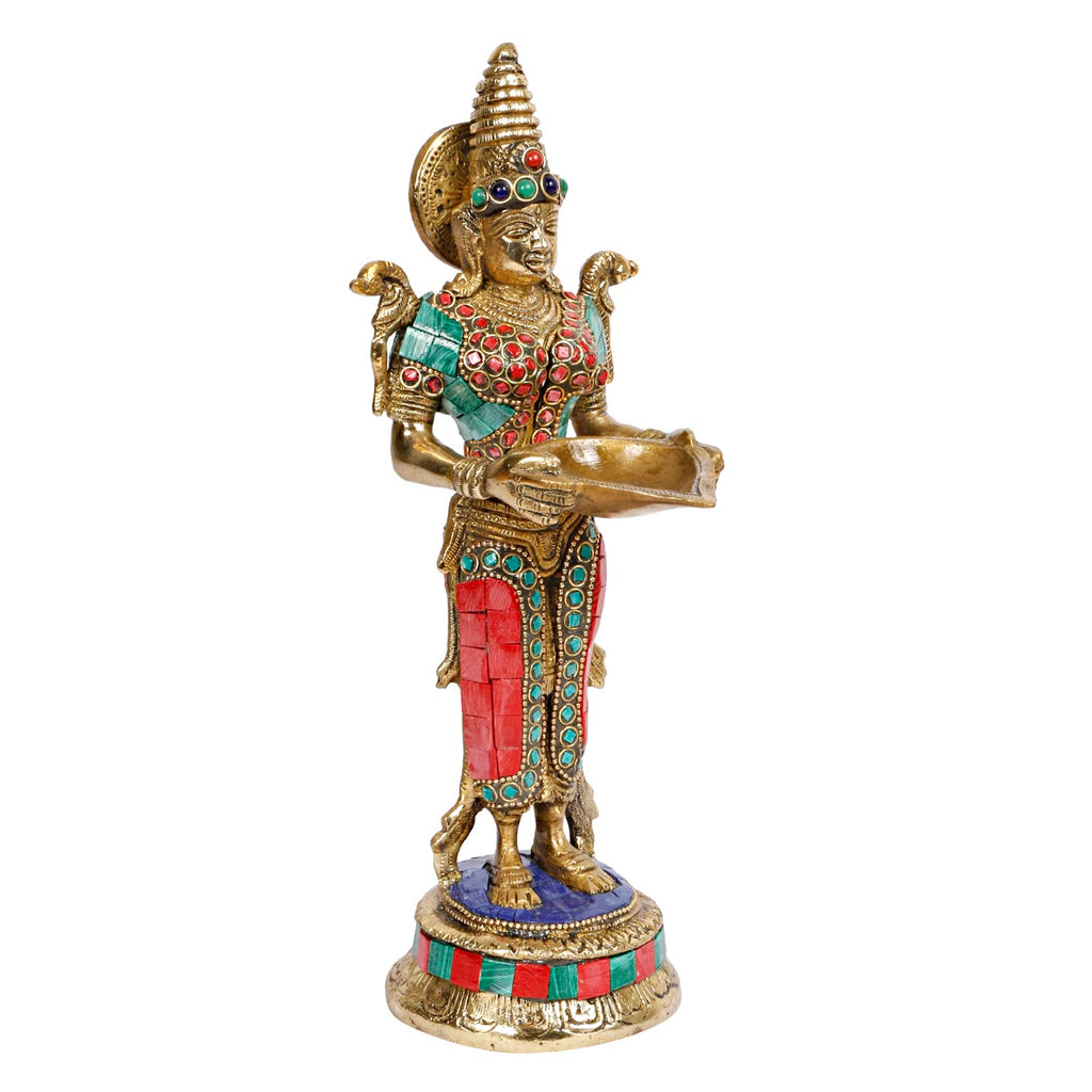 ARTVARKO Brass with Inlay Deep Lakshmi Lamp Lady Diya Lady Standing with Lamps Deep Laxmi Statue Religious Showpiece 10.5 Inch