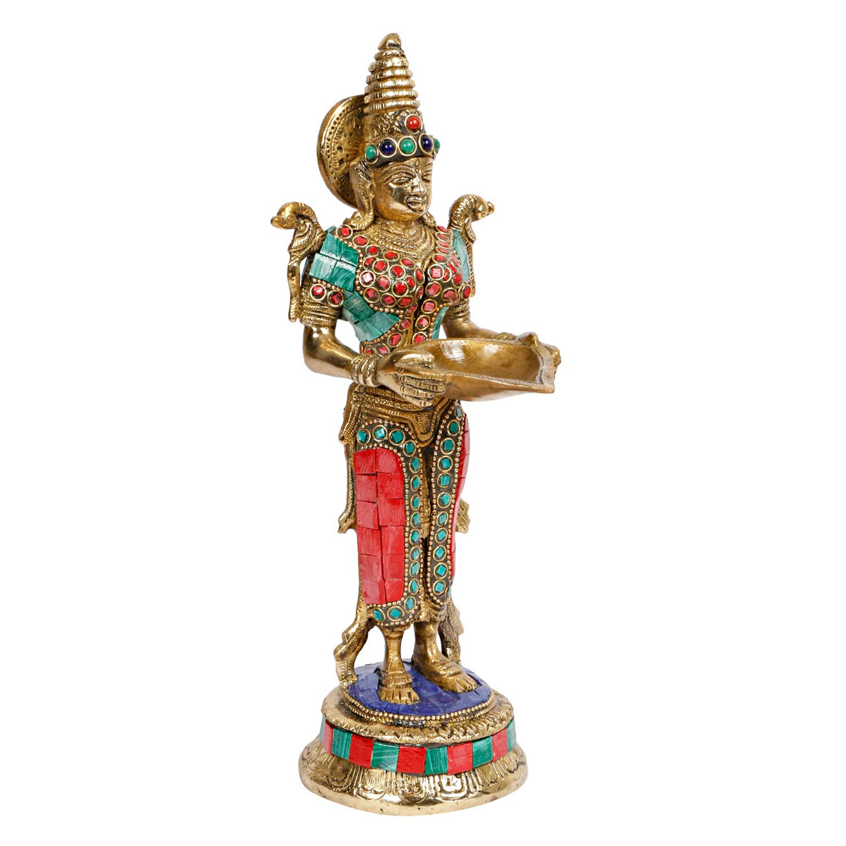 ARTVARKO Brass with Inlay Deep Lakshmi Lamp Lady Diya Lady Standing with Lamps Deep Laxmi Statue Religious Showpiece 10.5 Inch
