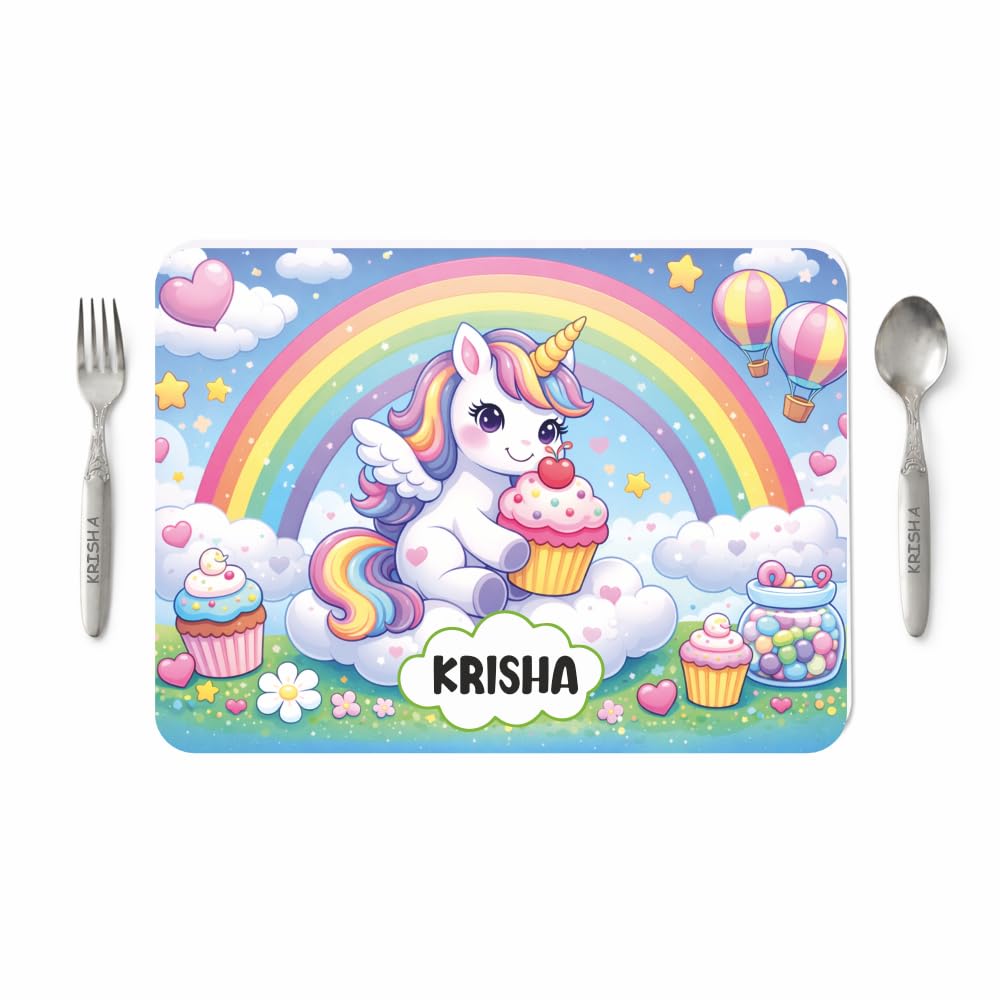 VS GIFTS Customized Table Mat with Name & Design Engraving | Personalized Dining Mat with Spoon & Fork | Customized Birthday Gift for Kids (Unicorn) Kafalo