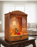Bien Verrerie Wooden Home Temple with LED Light, 5.2mm MDF Wood, Om Symbol Design, 20x15x7.6 Inches, Storage Shelf Door, Pooja Mandir for Home and Office