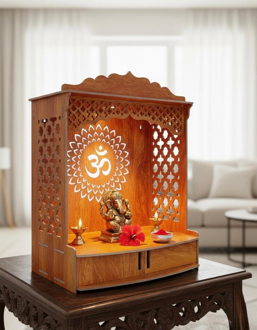 Bien Verrerie Wooden Home Temple with LED Light, 5.2mm MDF Wood, Om Symbol Design, 20x15x7.6 Inches, Storage Shelf Door, Pooja Mandir for Home and Office
