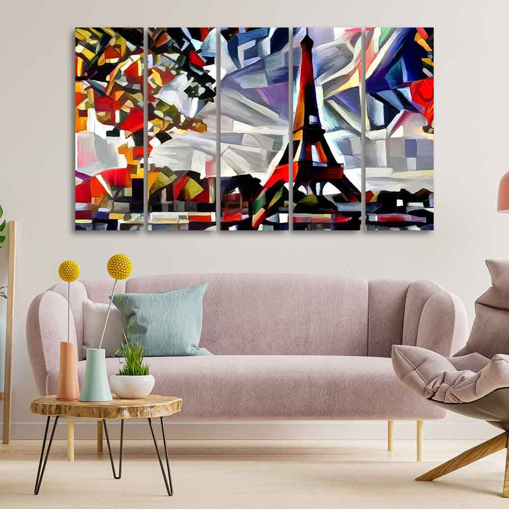 VIBECRAFTS Abstract Art Premium Canvas Five Pieces Painting of Eiffel Tower in Paris For Home|Office|Living Room|Gift (PTVC5Pcs4_8689)