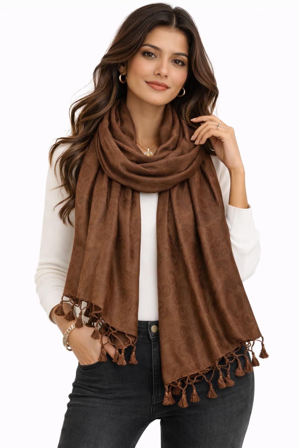 ZEN APPAREL Soft Viscose Fabric Jacquard Scarf, Stole, Shawl (Brown)