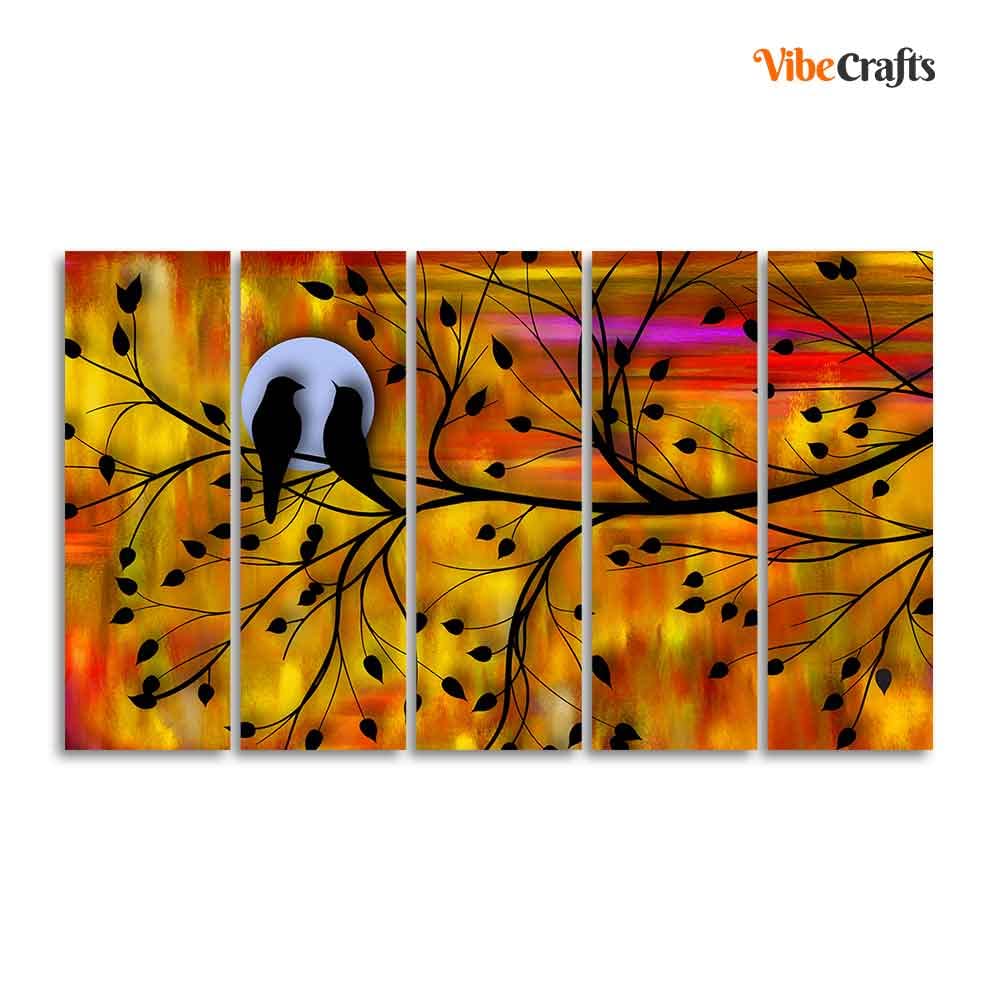 VIBECRAFTS Beautiful Bird Couple on Tree Wall Painting of Five Pieces For Home|Office|Living Room|Gift (PTVC5Pcs4_8713)